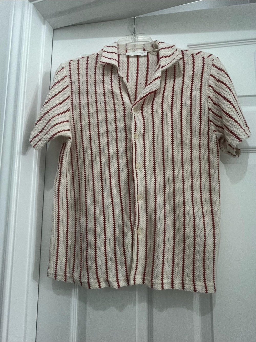 Men’s Zara Cream Short-Sleeve Button Knit Shirt with Red Stripes